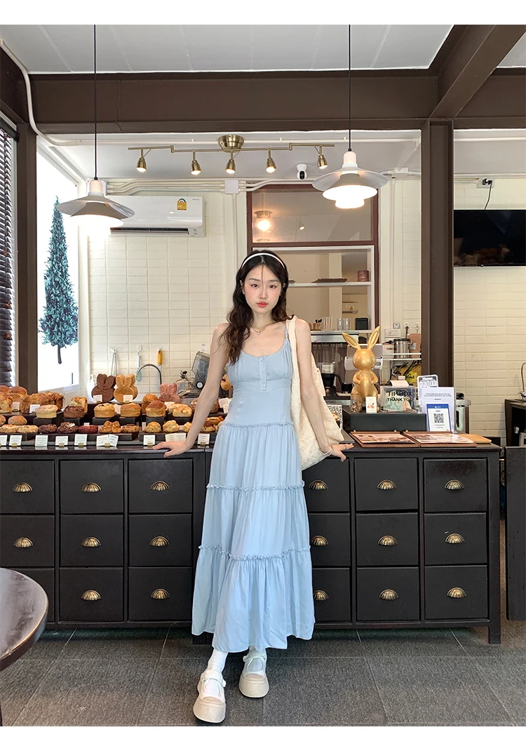 French Elegant Dresses for Women Solid Spaghetti Strap Summer New Ruffles A-line Casual Korean Chic Midi Vestidos Mujer
