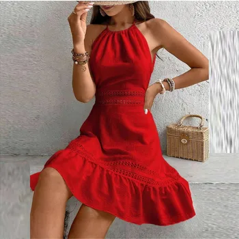 Women's Backless Sundress Fashion Round Neck Hollowed Out Butterfly Back Waisted Dresses Female Beach Dress 4