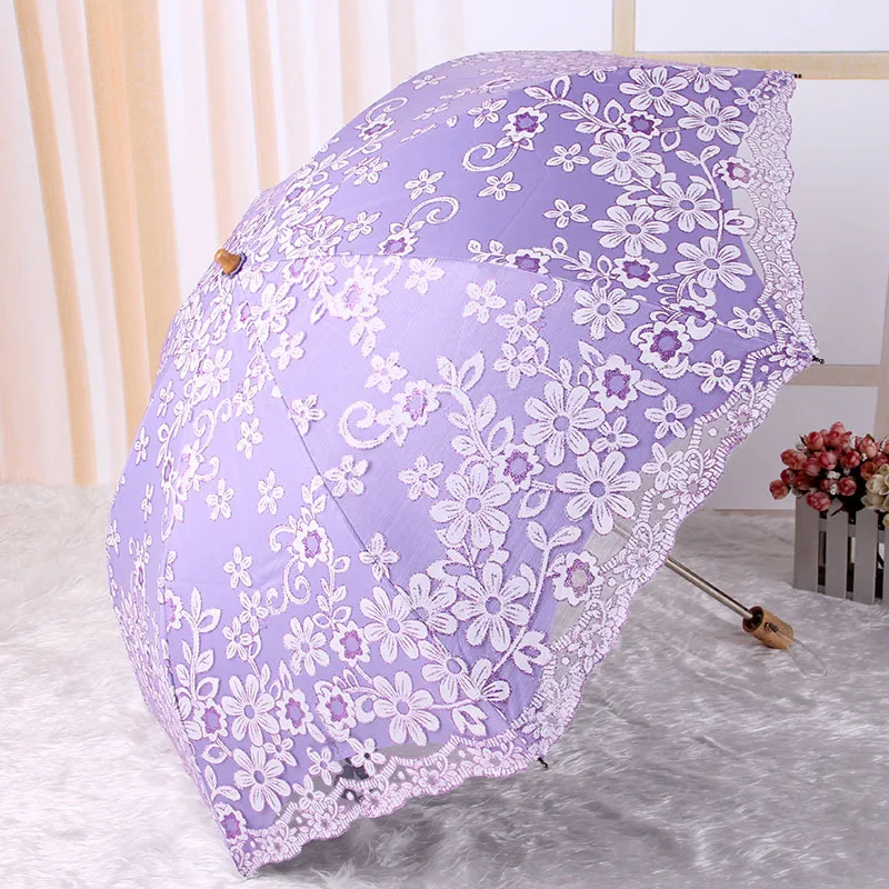 Vintage Lace UV Sun Parasol Folding 3D Flower Embroidery Umbrella 
