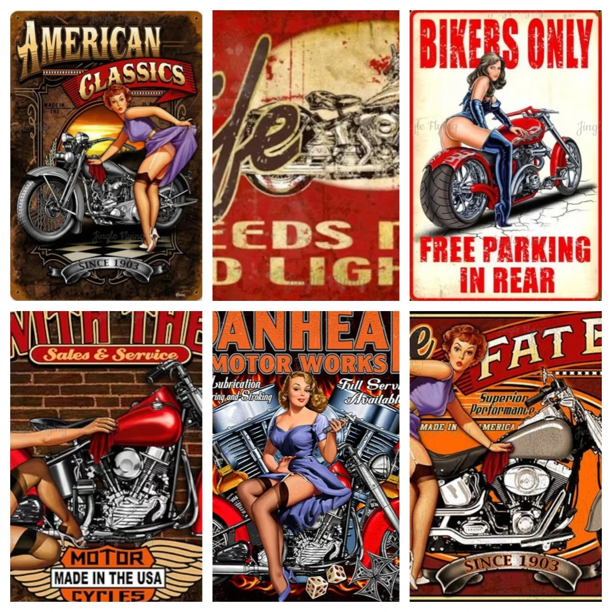 Bikers Only Pinup Girl Panhead Motor Works Motorcross Metal Sign Vintage Style Retro Gas Oil Garage Art Wall Decor