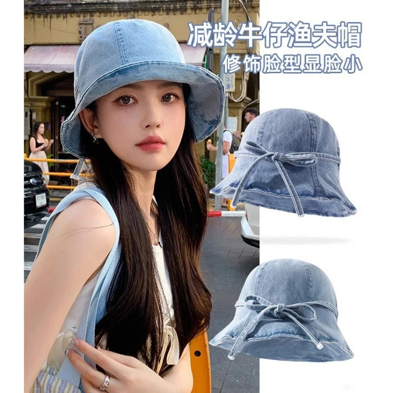 

2024 Korean New Bow Tie Denim Bucket Hat Women's Spring Summer Versatile Street Sunshade Simple Solid Color Dome Basin Cap