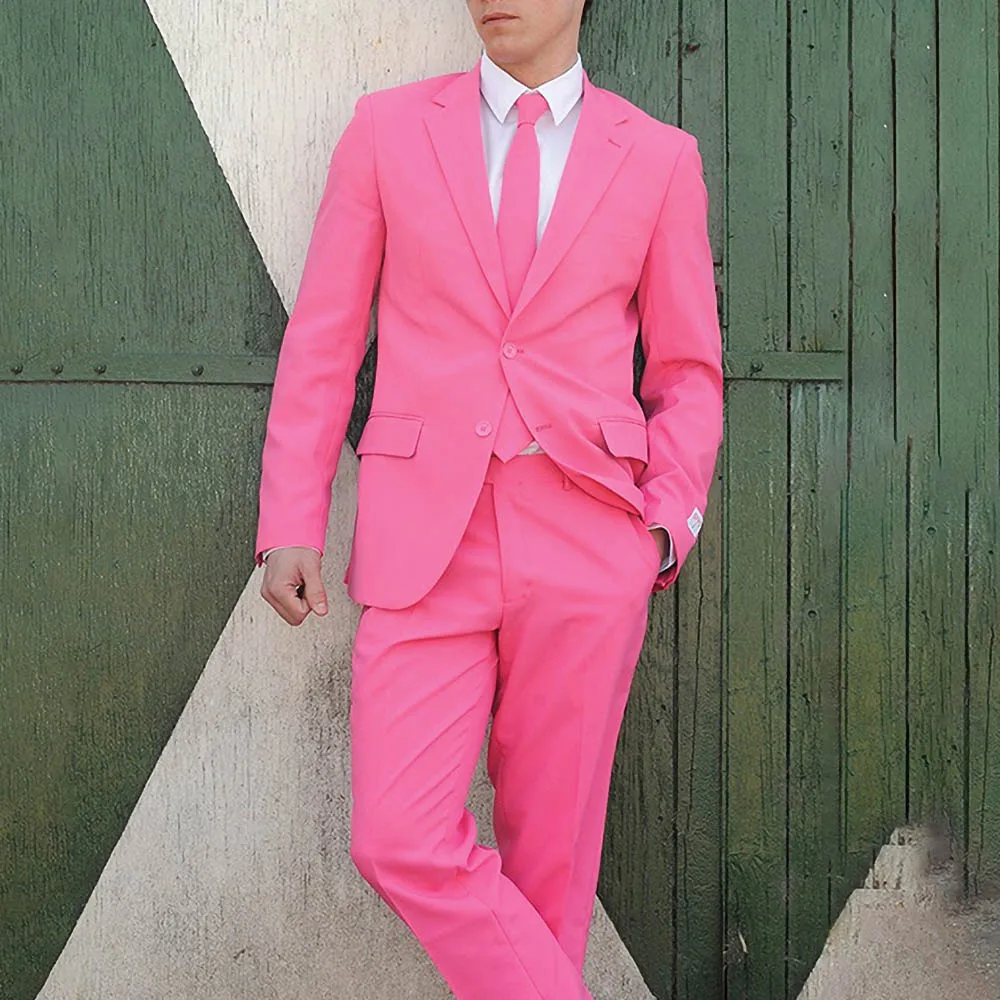 

Fashion Male Suit Slim Fit Summer 2 Piece Pink Notch Lapel Blazer with Pants Casual Formal Wedding Groom Tuxedo Suits for Men