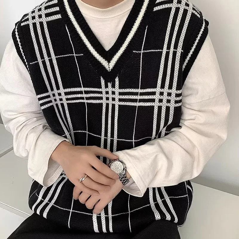 New Sleeveless Knitted Spring And Autumn Korean Edition Men's And Women's Academy Style Trendy Checkered V-Neck Loose Sweater