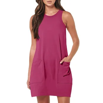 Abito estivo casual tinta unita vintage senza maniche girocollo con tasche per abiti corti da donna per le vacanze al mare 1