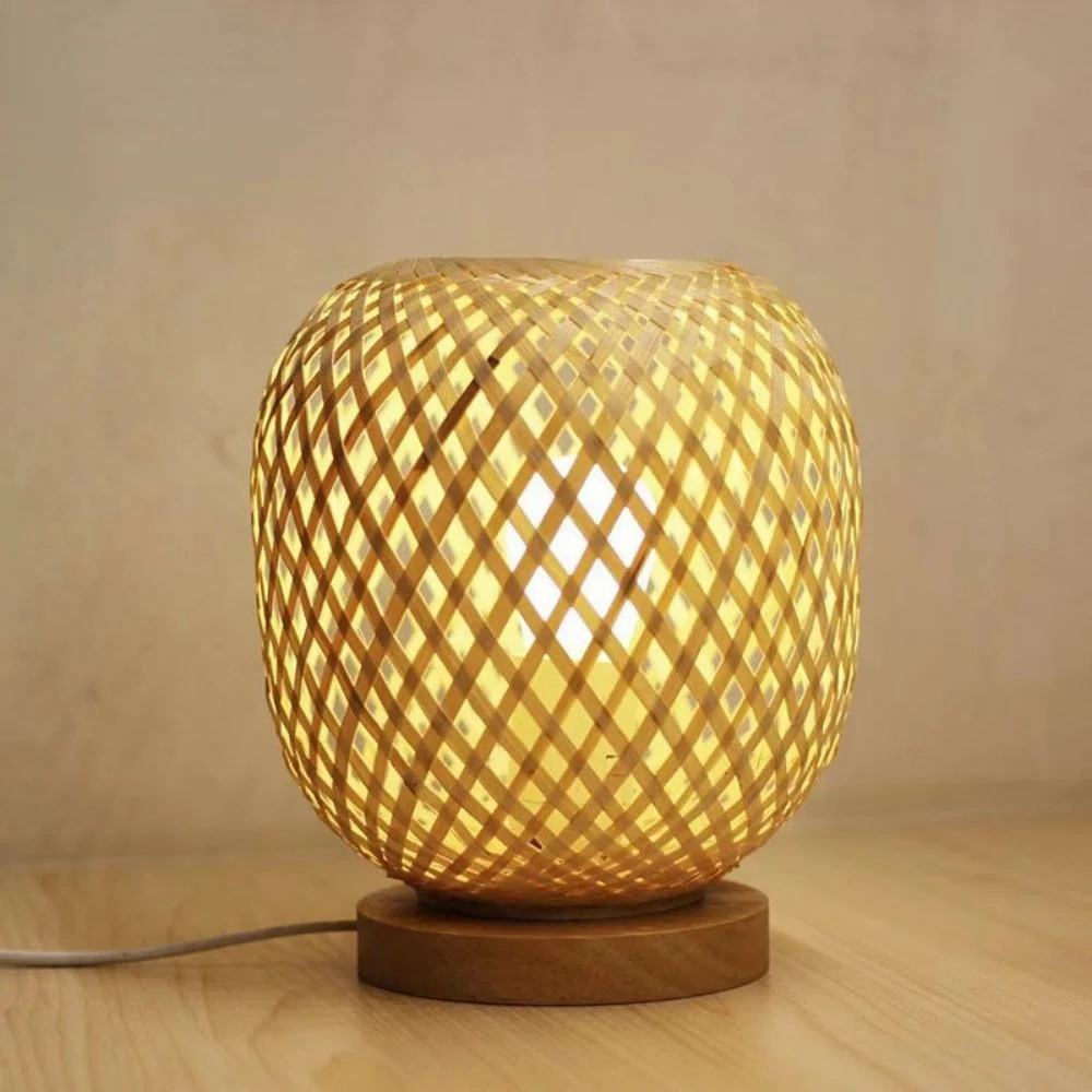 LED Table Lamp Wood Table Bamboo Light Dimmable Rattan Lampshade Plug Bedroom Bedside Night Light Home Decor