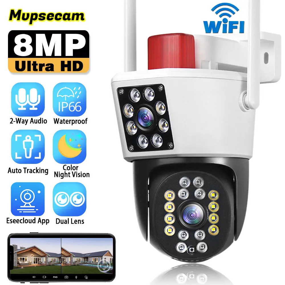 Telecamera Di Sorveglianza Wifi Outdoor 8Mp 4K Dual Lens Hd Video Security Telecamere Ip Smart Ai Rilevamento Umano Monitoraggio Cctv Wireless