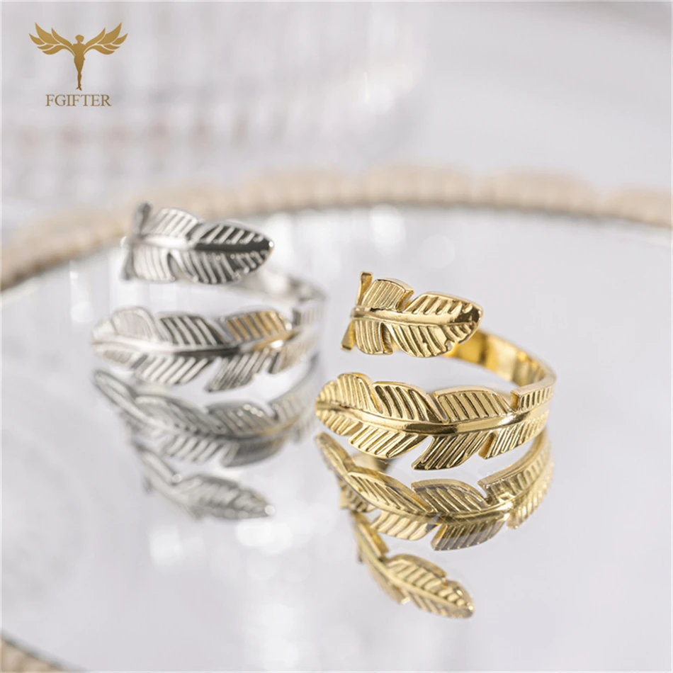 Stainless Steel Ring Wrap Finger Feather Open Ring Adjustable Size Fashion Women Jewelry Gold Silver Color Choose Small Gifts 2