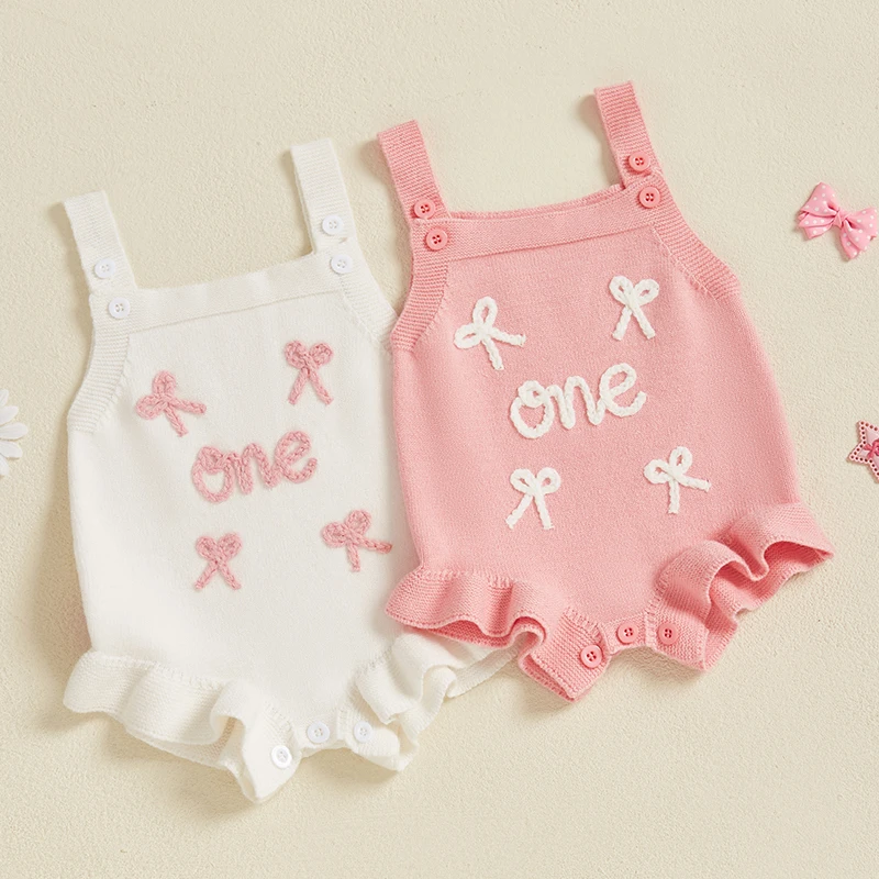 Infant Baby Girls Romper Sleeveless Bows Letters Knit Newborn Birthday Rompers Jumpsuit Casual Baby Spring Summer Clothing
