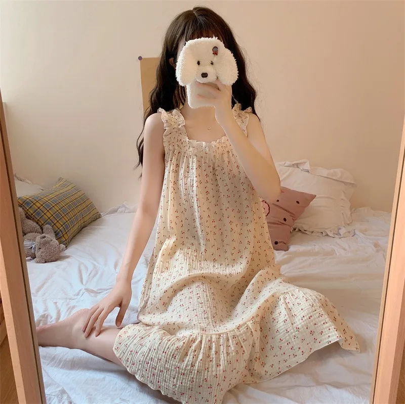 Sweet Floral Print Che Nightgown Women's Summer Thin Bubble Cotton Home Clothes Cute Cherry Internet Celebri INS Sle