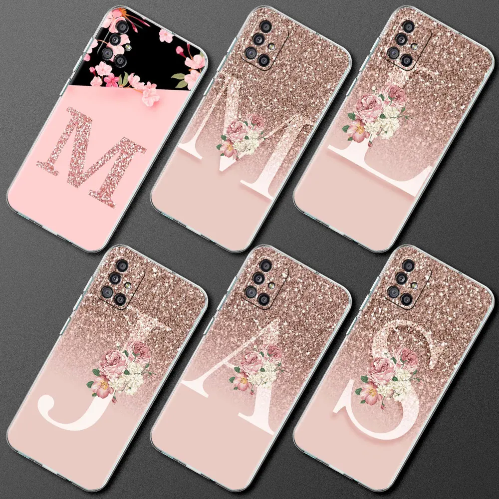 Lettera Rosa Lucido M R Caso Per Samsung Galaxy A52 A12 A51 A32 4G A71 A21S A32 A31 A72 A22 A13 5G Trasparente Copertura Del Telefono Morbido