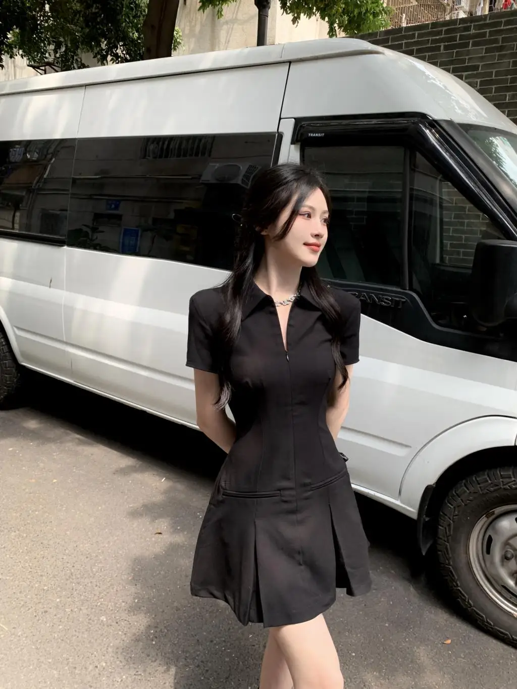 Summer New Casual Slim Solid Dresses for Women Sporty Turn-down Collor A-line Korean Chic Streetwear Simple Vestidos Mujer
