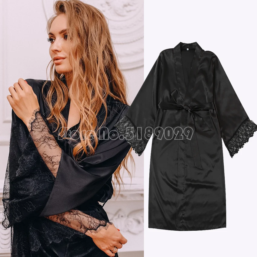 

Kimono Robe Sexy Lace Nightgown Women V-Neck Sleepwear Satin Soft Long Bathrobe Gown Loungewear Home Clothing Nightwear