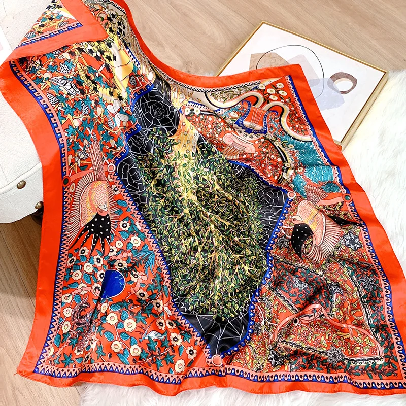 2022Seide Quadrat Schal Frauen Luxus Kopftuch Druck Schals Weibliche Hijab Haar Band Vintage Halstuch Damen Pashmina Bandana – Detail 5