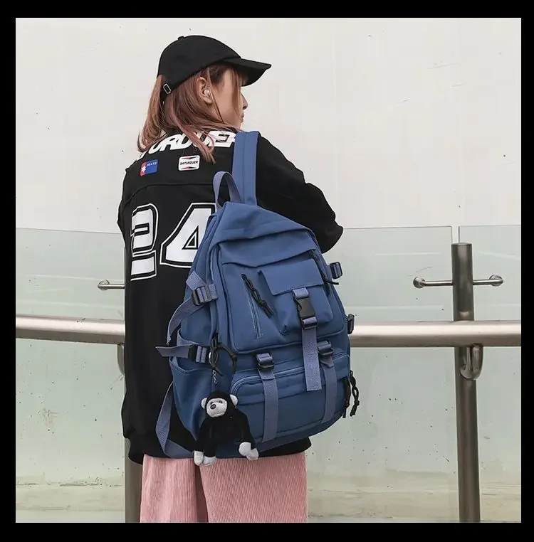 Preppy Style Black Backpack Unisex Women Men Backpack Nylon Waterproof Multi-Pocket Design Mochilas Teenagers Shoulder Bag
