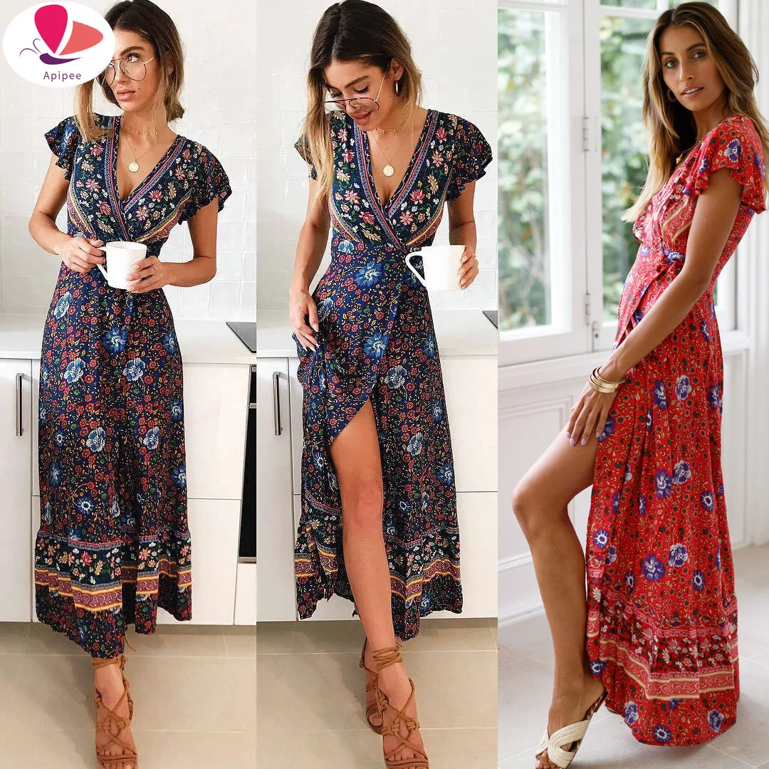 

Women Ladies Boho Summer Beach Dress Short Sleeve Floral Mini Dress Female High Waist V-Neck Tunic Dress Waist Belt
