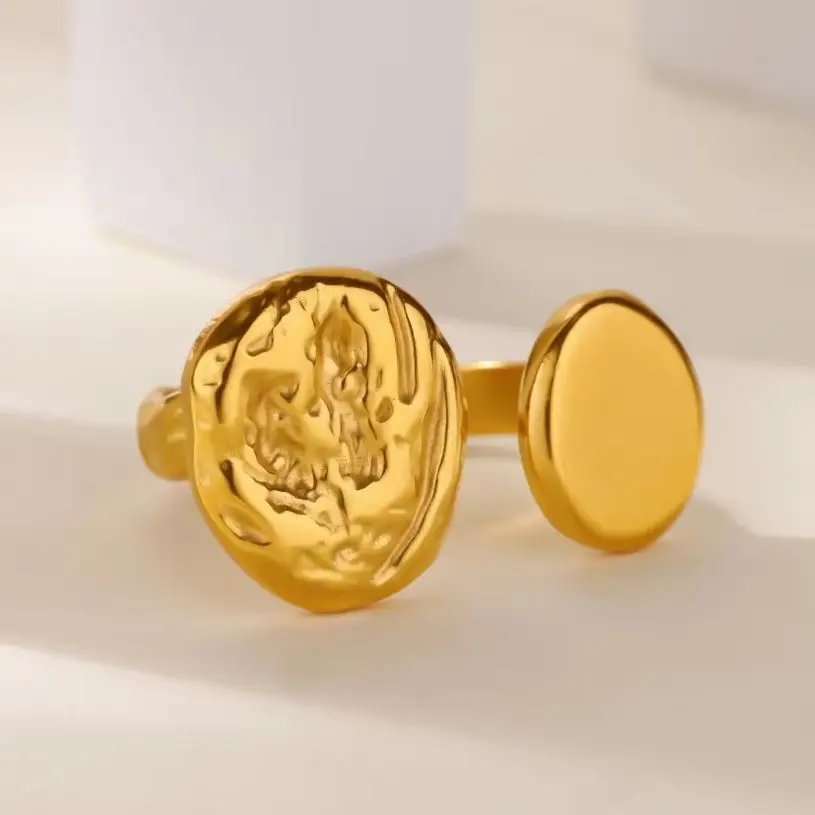 Geometric Texture Rings For Women Gold Plated Stainless Steel Ring