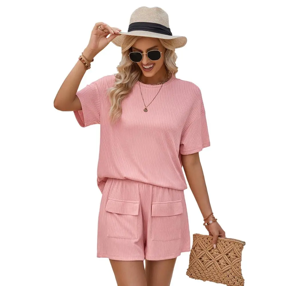 Women 2 Piece Lounge Sets Summer Casual Short Sleeve Round Neck Ribbed Top Matching Shorts With Pockets