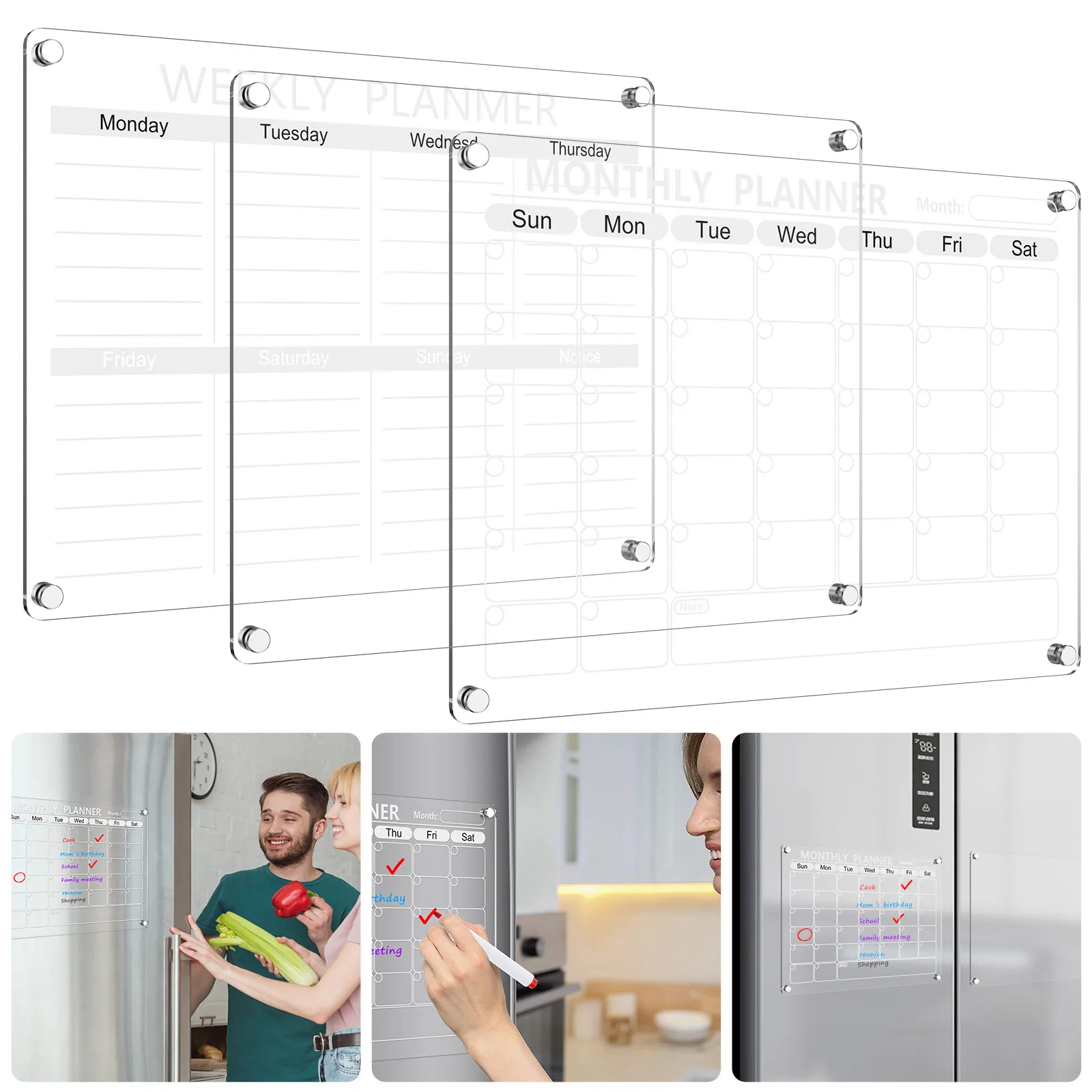 

Acrylic Magnetic Calendar Set Transparent Planning Blank Board Dry Erase Calendar with 6 Marker Pens Pen Holder Towel Reusable