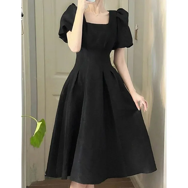 Korean Solid Puff Sleeve Dress Women White Elegant Slim Fashion Pretty Style Skirt Square Sweet Black Drape Female Clothes