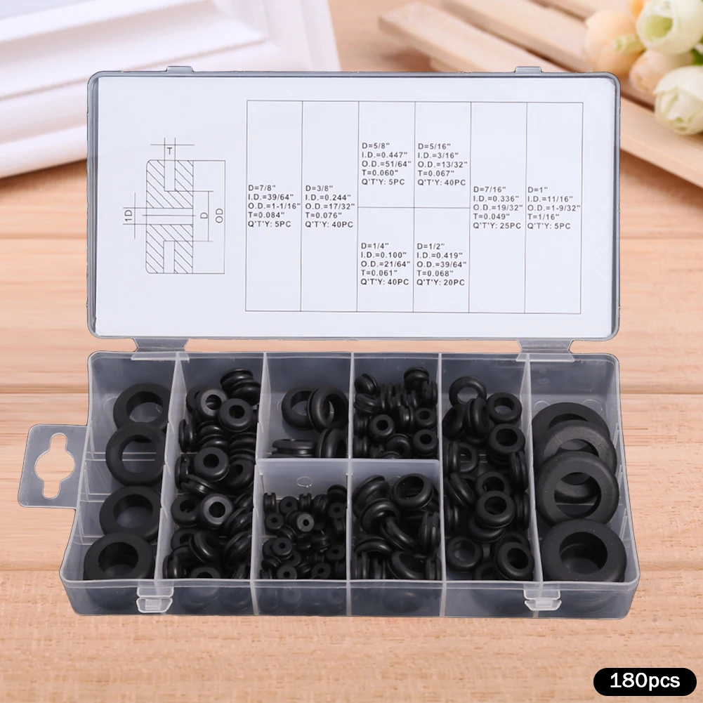 Description Picture 4 of itemEyelet Rubber Gasket Strong Insulation 180pcs Grommets Kit Multiple Size Protective Rubber Ring for Wire Plugs Cables Protection