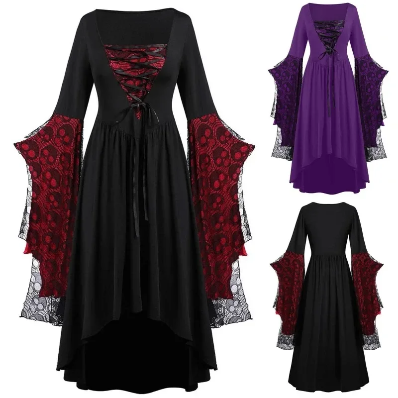 Vintage Halloween Cosplay Costume Witch Vampire Gothic Dress Ghost Dresses Up Party Printed Medieval Ghost Bride Female Clothes