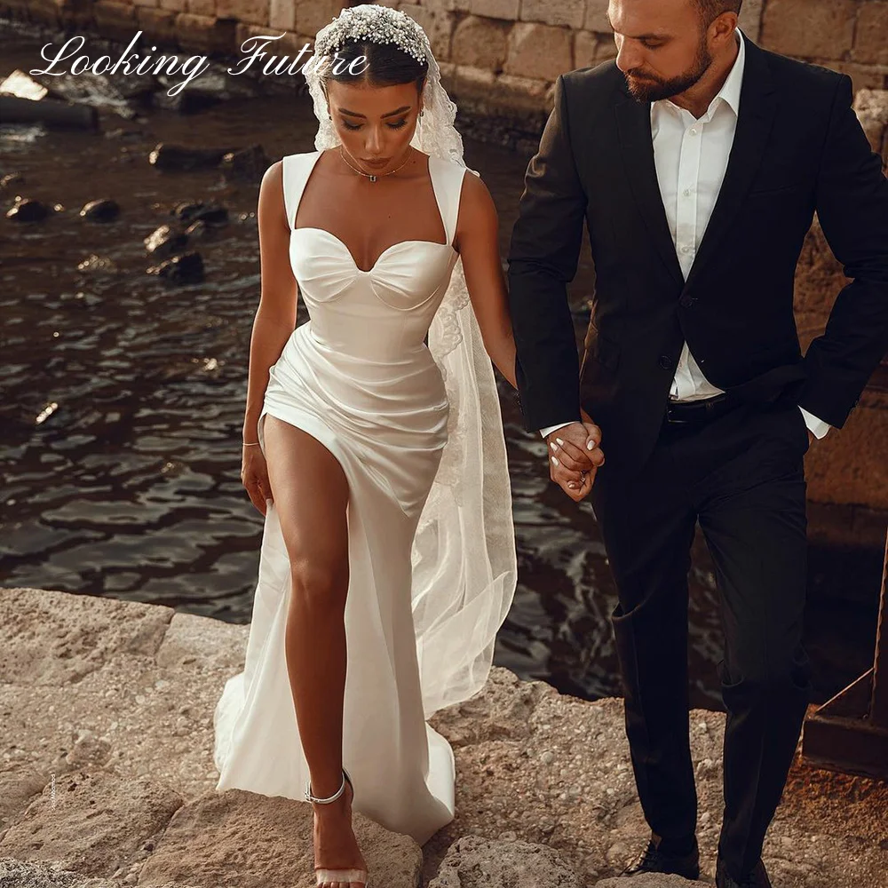 

Chic Ivory Mermaid Wedding Dress Sexy Soft Satin Sweetheart Hig Slit Bridal Gowns Spaghetti Straps Vestido De Noiva Sweep Train