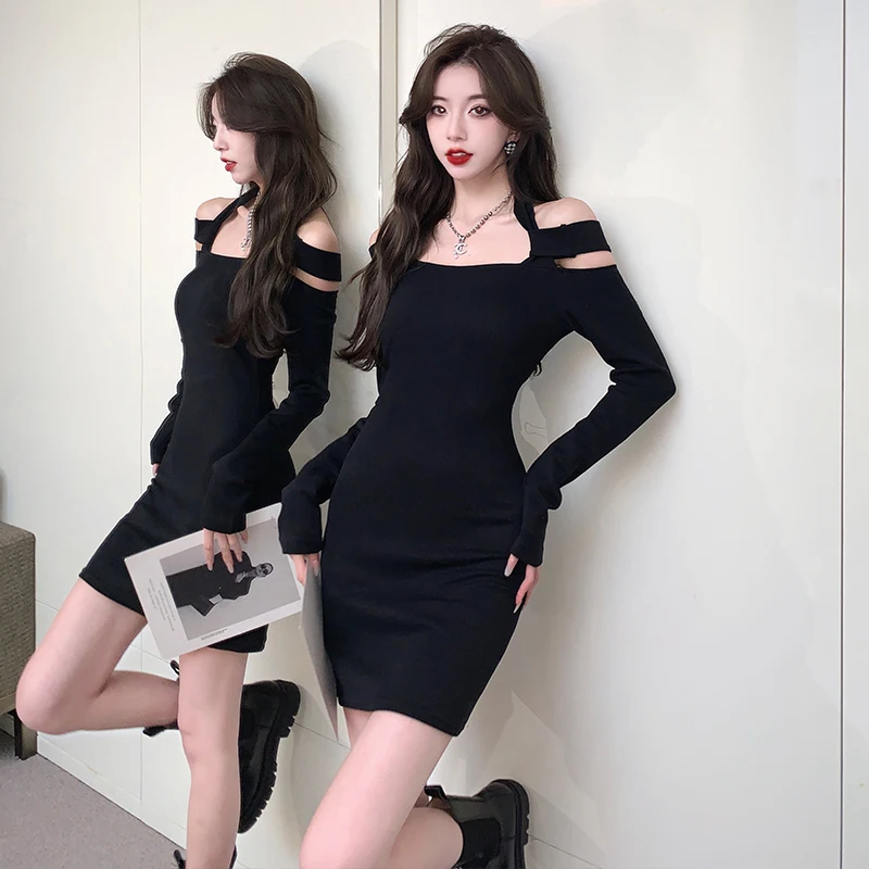 

Y2k Sexy Slash Neck Long Sleeves Mini Dress Women 2023 Summer New Black Knitted High Waist Solid Off Shoulder Vestido De Mujer