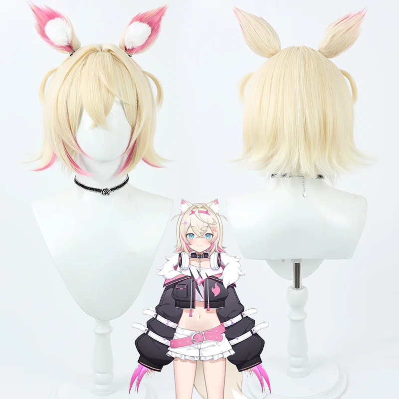 

Hololive Vtuber Mococoa Abssyguard Cosplay Wig with Ears Short Milky Pink Mixed Heat Resistant Synthetic Hair Halloween Party