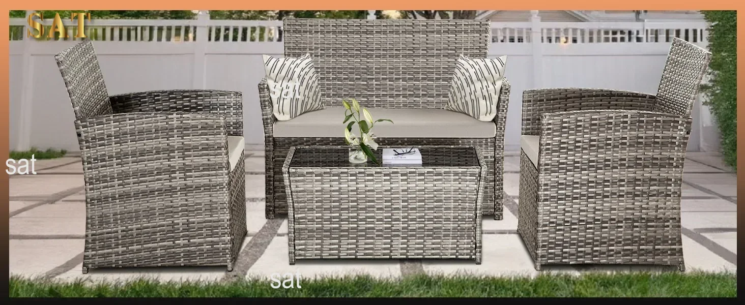 4 Piece Patio Furniture Set, Outdoor Wicker Conversation Sets,Rattan Sectional Sofa w/Coffee Table, for Backyard Garden Poolside
