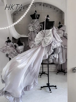 Lolita elegante set di gonne a tubino con strascico abiti da principessa bianchi argento da donna splendido abito da ballo di compleanno con fiocco in vita sottile