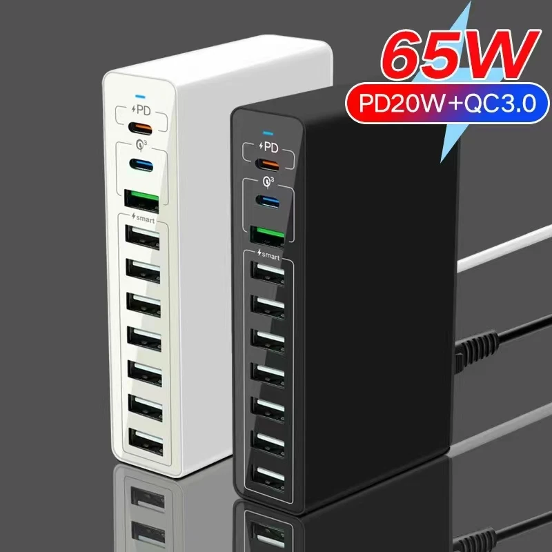 High-Speed 65W USB Charger with 10-Port Quick Charge 3.0 & Type C PD Fast Charging Adapter