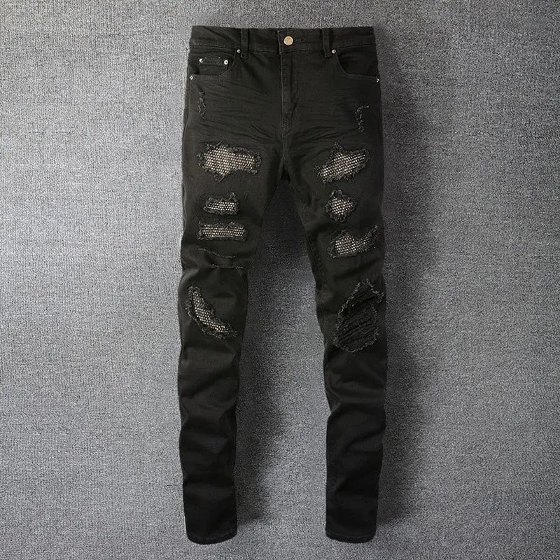 

Мужские джинсы с заклепками в уличном стиле, черные эластичные облегающие рваные джинсы, мужские лоскутные джинсы в стиле панк 2022, джинсы в стиле хип-хоп, модель