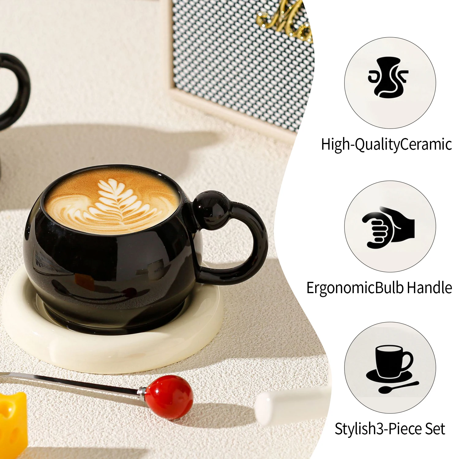 طقم قهوة وشاي سيراميك فاخر 180 مل مع صحن وملعقة -...