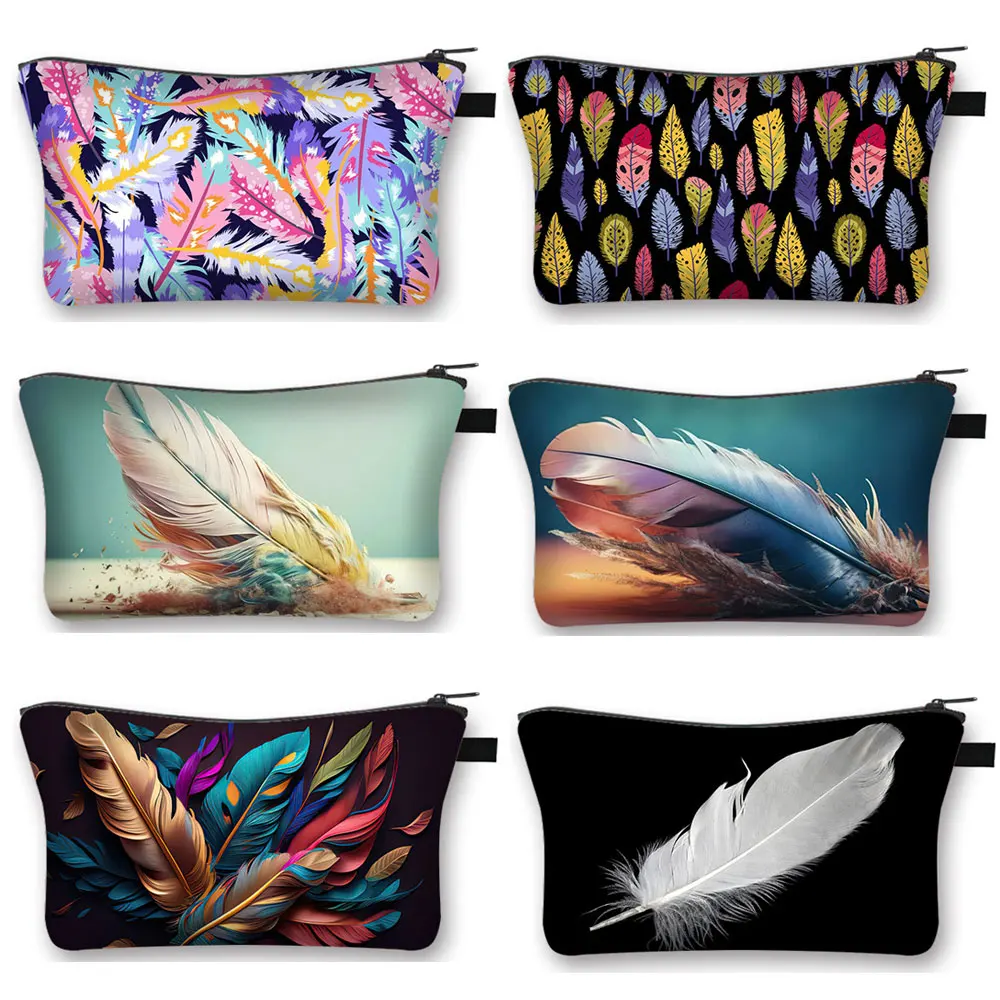 

Bird Feather Print Cosmetic Case Women Makeup Bag Zipper Pouch Lipstick Napkin Storage Toiletry Bag Travel Cosmetic Organizer