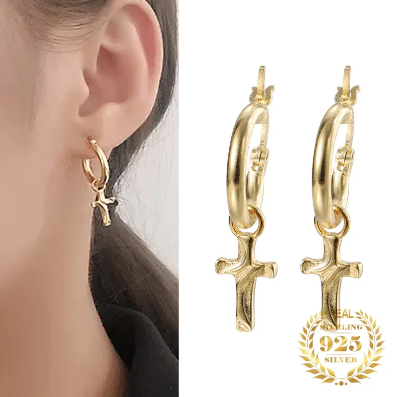 

Wholesale Trendy Jewelry Drop Earrings Charm Sterling Silver 925 Gold Plated Cross Hoop Earrings For Women