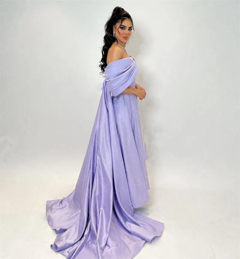 

2023 Purple Long Satin Off Shoulder Forl Evening Dress Short Sleeves Long Custom Party Prom Gowns Night Dress Vestidos