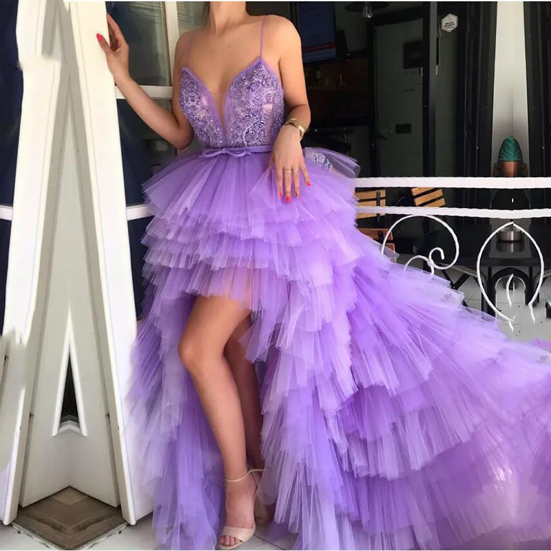 

High Low Prom Dresses 2022 Sexy Spaghetti Strap Tiered Tulle Purple Formal Party Gown Graduation Wear Custom Made Robe De Soiree