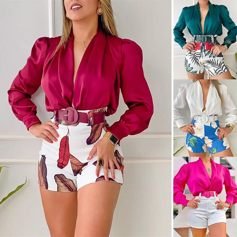 Spring European and American Cross border Casual Set V-neck Long Sleeve Solid Color Shirt Top Printed Shorts Two Piece Set 2023 cross border european and american women s wear solid color casual strap pants for women