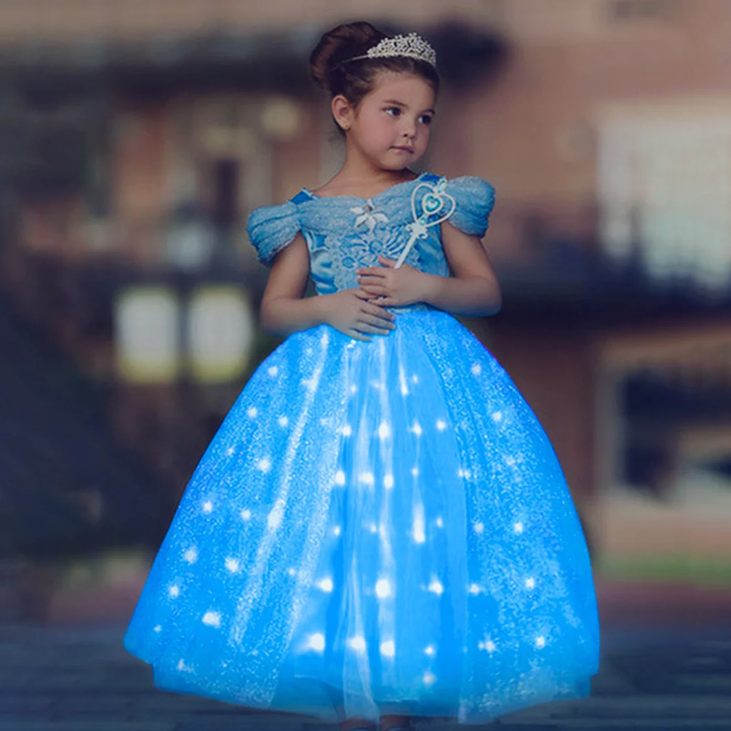 Uporpor – robe princesse cendrillon pour filles, tenue de noël et  d'anniversaire, à lumière LED, Costume Cosplay, bleu, fantaisie, pour  enfants