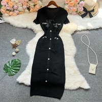 YuooMuoo Chic Fashion Elegant Bow V-neck Wrap Hips Knitted Dress Women Brand Fashion Pearl Buttons Bodycon Office Lady Vestidos - Image 2