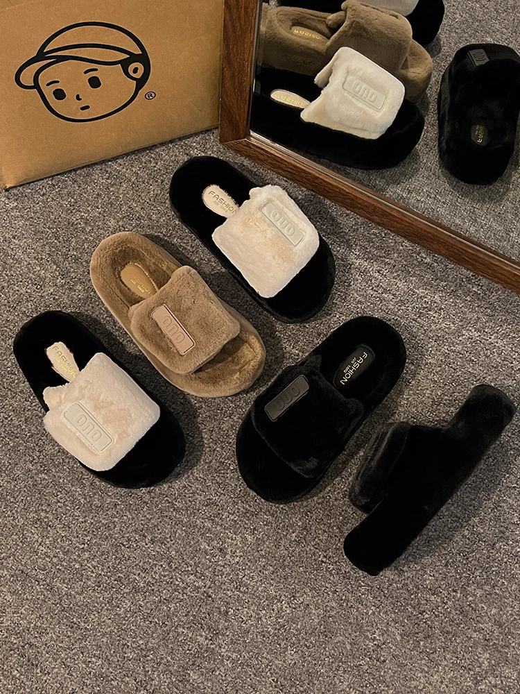 

Женские домашние шлепанцы, бежевые шлепанцы на платформе с искусственным каблуком, черные плюшевые шлепанцы на плоской подошве, с мехом, 2023