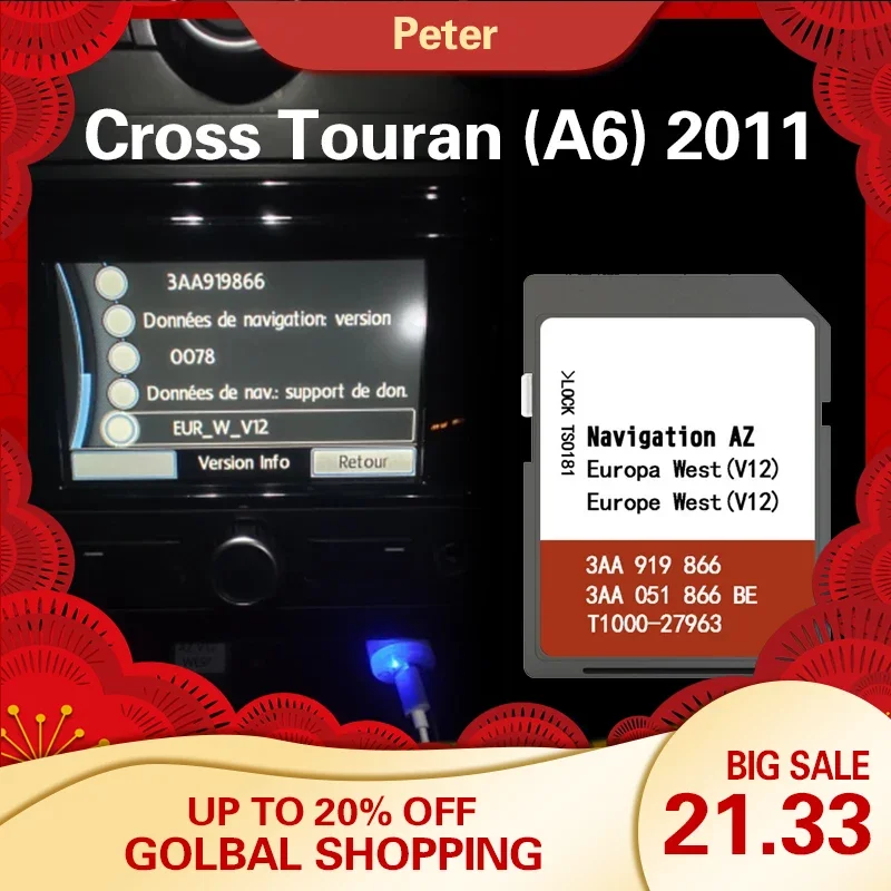 Per Cross Touran (A6) 2011 Sd Map Navigation Az V12 West Europe Rns 315 Memory Caard