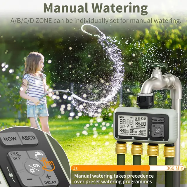 Diivoo Garden Water Timer 4 Zone Programmable Automatic Irrigation Timer with Rain Delay Manual/Auto Mode Watering for Lawn Yard 5
