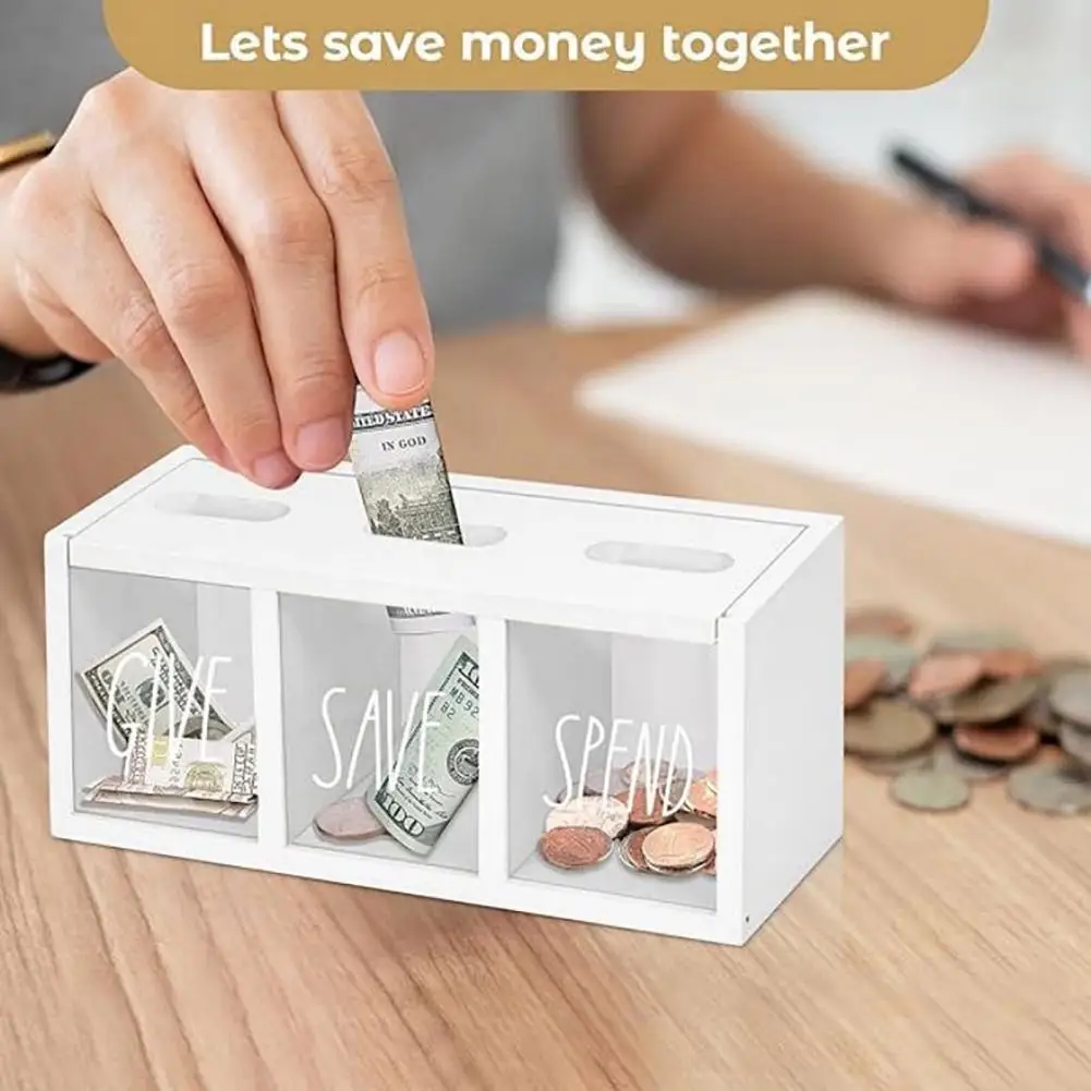 Wooden Piggy Bank 3-Compartment Money Saving Box Visualized Bills Coins Savings Box for Kids Adults Bedroom Office