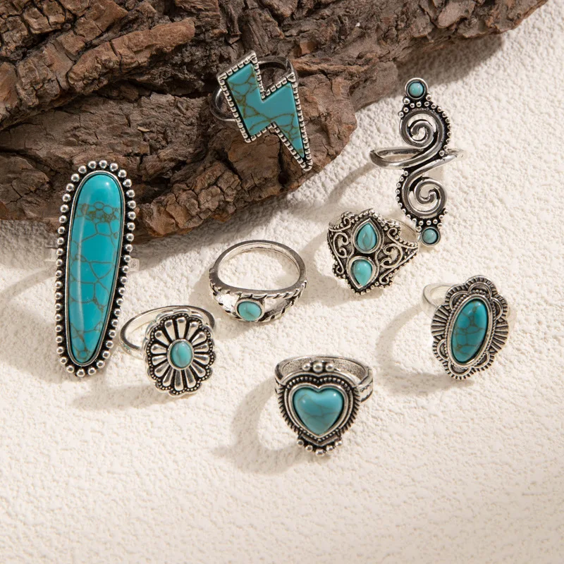 8Pcs set Vintage Bohemian Crystal Turquoise Stacking LOVE Rings Knuckle Rings Lightning Carved Rings Western Jewelry for Women 3