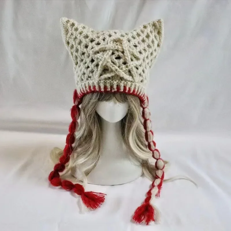 Y2k - Gorros De Punto De Ganchillo Para Gatos Con Diseño De Cruz Gótica, Sombrero De Diablo, A Rayas, Accesorios Emo, Grunge Y2k, Ropa Estética, Blanco, One Size