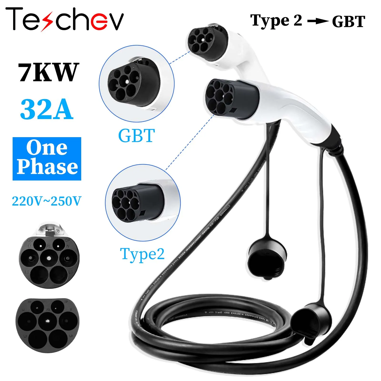 

EVcharger 5M Straight type EV Charging Cable IEC62196 Type 2 to GBT 7KW 1phase 32A For EVSE Vehicles Charger Station