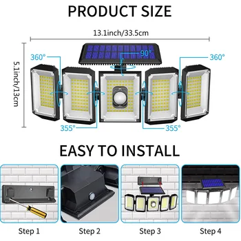 300LED Solar Lights Outdoor Motion Sensor Adjustable Heads Flood Light IP65 Waterproof Remote Control Garden Security Wall Lamp 2