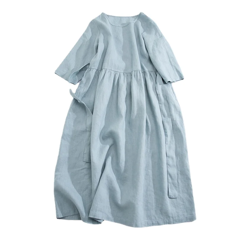 

2024 spring Solid Color Mediumsleeved ONeck Tie Bow High Waist Thin Large Size Loose Casual Cotton Linen Dresses Artistic style