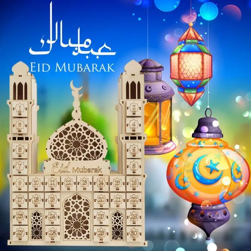 6XDD Eid Mubarak Countdown Calendar DIY Ramadan Ornaments Wooden Drawer Party Decor